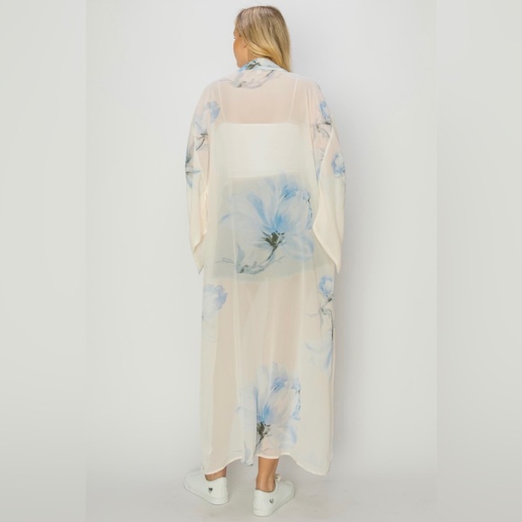Blue  Floral Multicolor Chiffon Sheer Kimono Cardigan - Picture 4 of 6